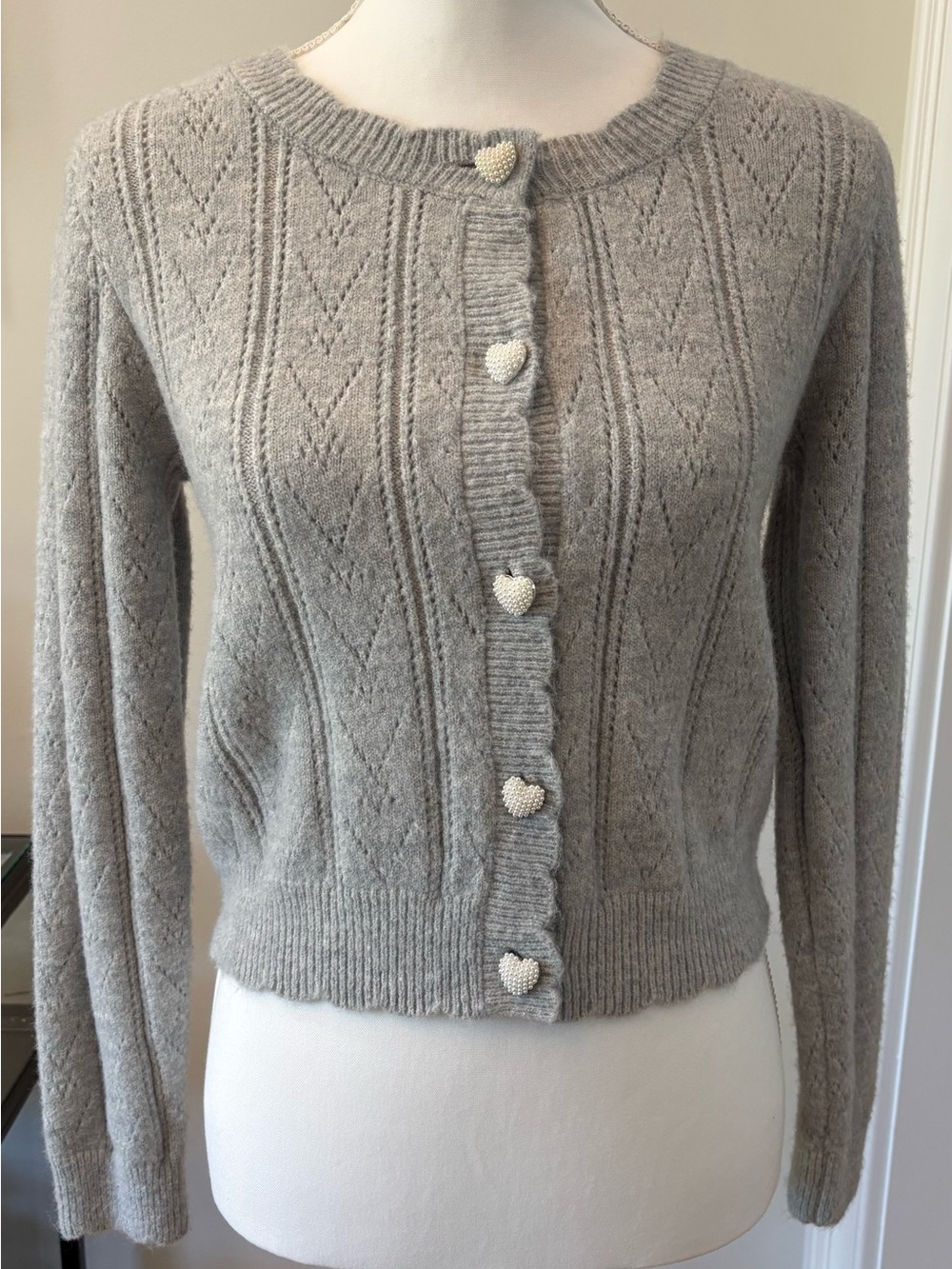 Wool Blend Cardigan Gray Heart-Buttons, Size XS, Bridal, Cottagecore, Bride